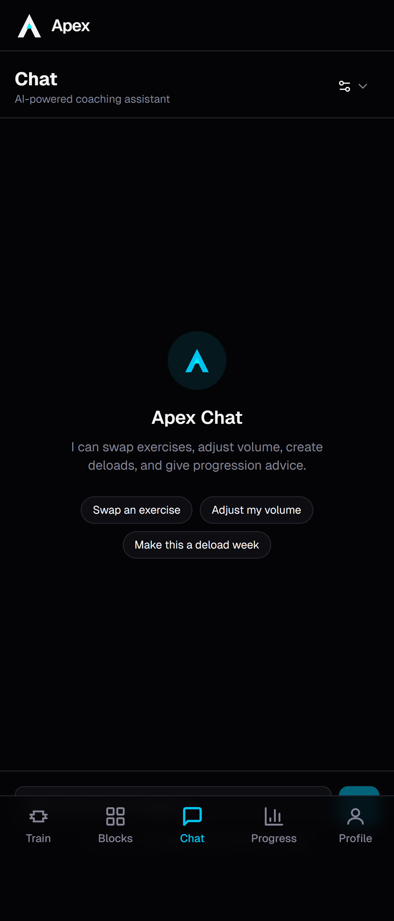 AI coach interface with example prompts for workout adjustments