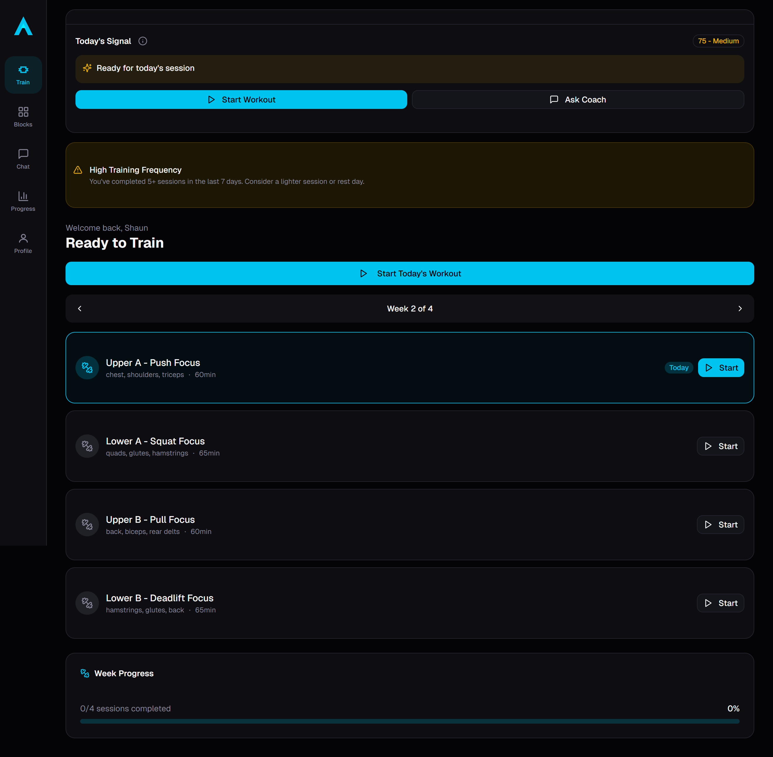 Apex Training training calendar showing structured workout blocks with weekly overview and context