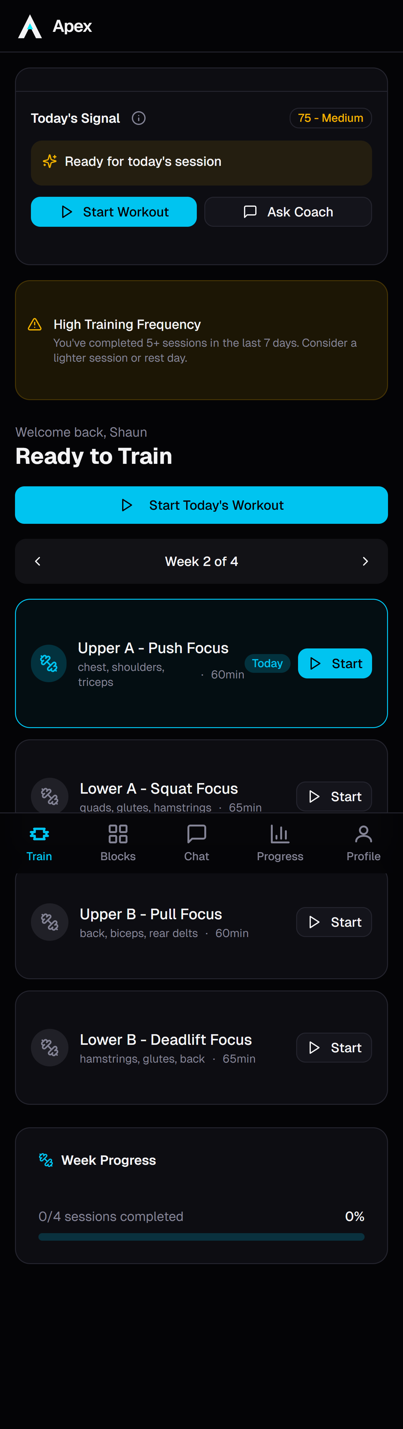 Weekly training calendar with scheduled workout sessions